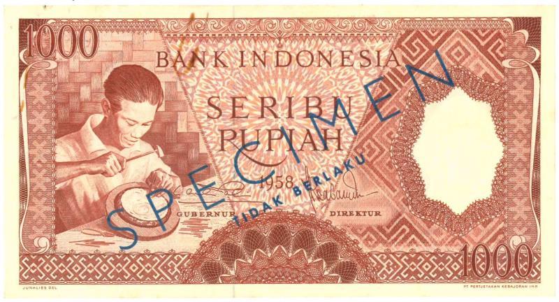 Indonesia. 1000 Rupiah. Specimen. Type 1958. - Extremely Fine.