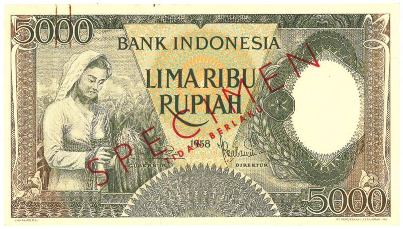 Indonesia. 5000 Rupiah. Specimen. Type 1958. - Extremely Fine.