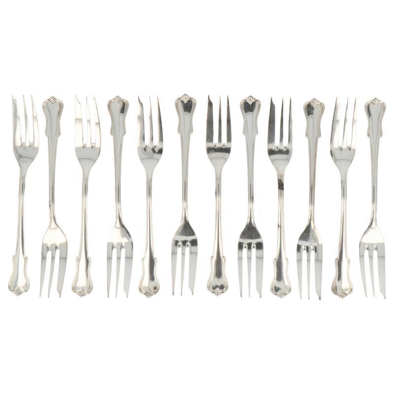 (12) Delige set dessert vorken OKA zilver.