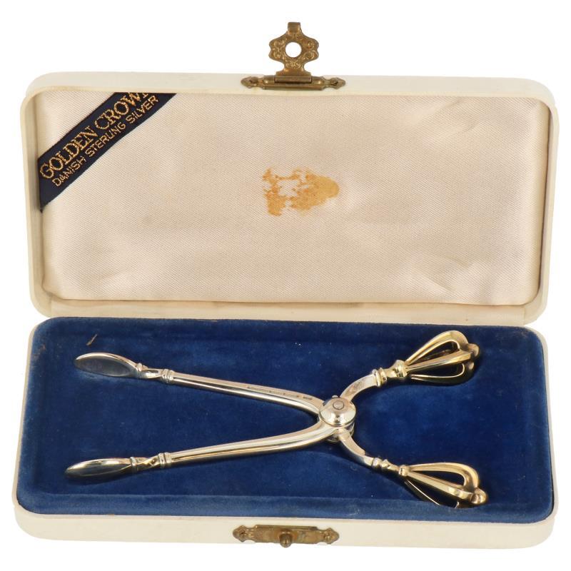Suikertang met gouden kroon handvatten in originele etui zilver.
