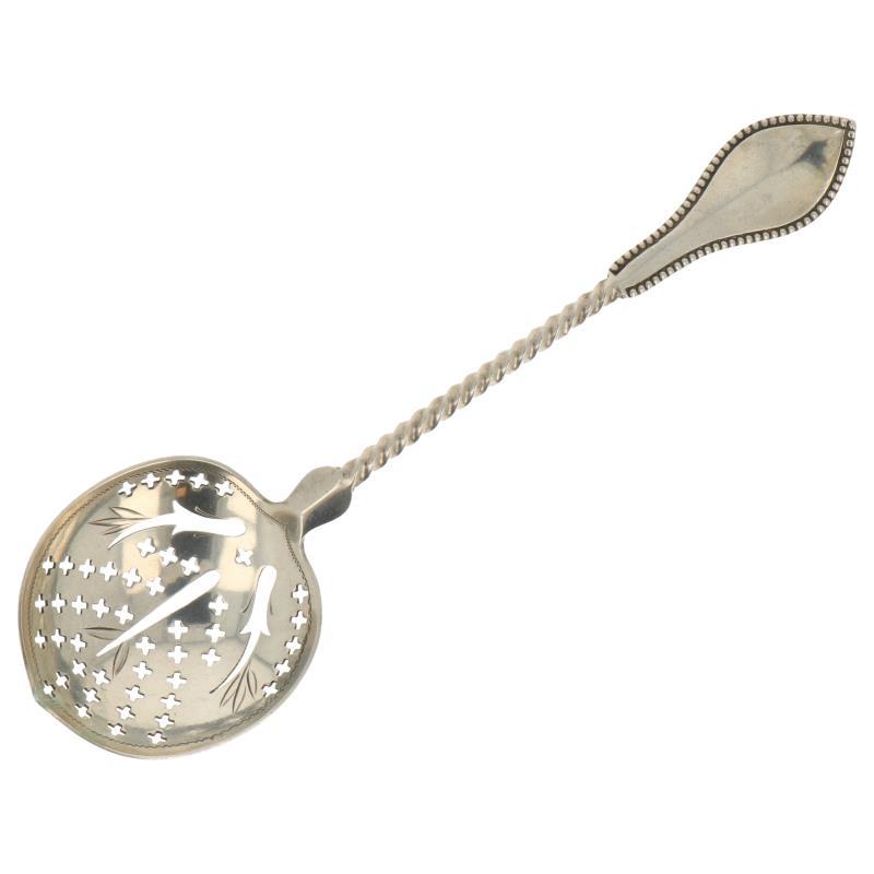 Strooilepel met getorste steel en parelranden, zilver.