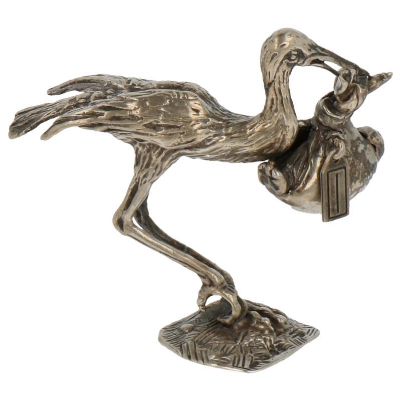 Miniatuur ooievaar met baby zilver.