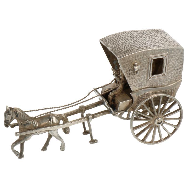 Miniatuur landaulet koets met paard zilver.