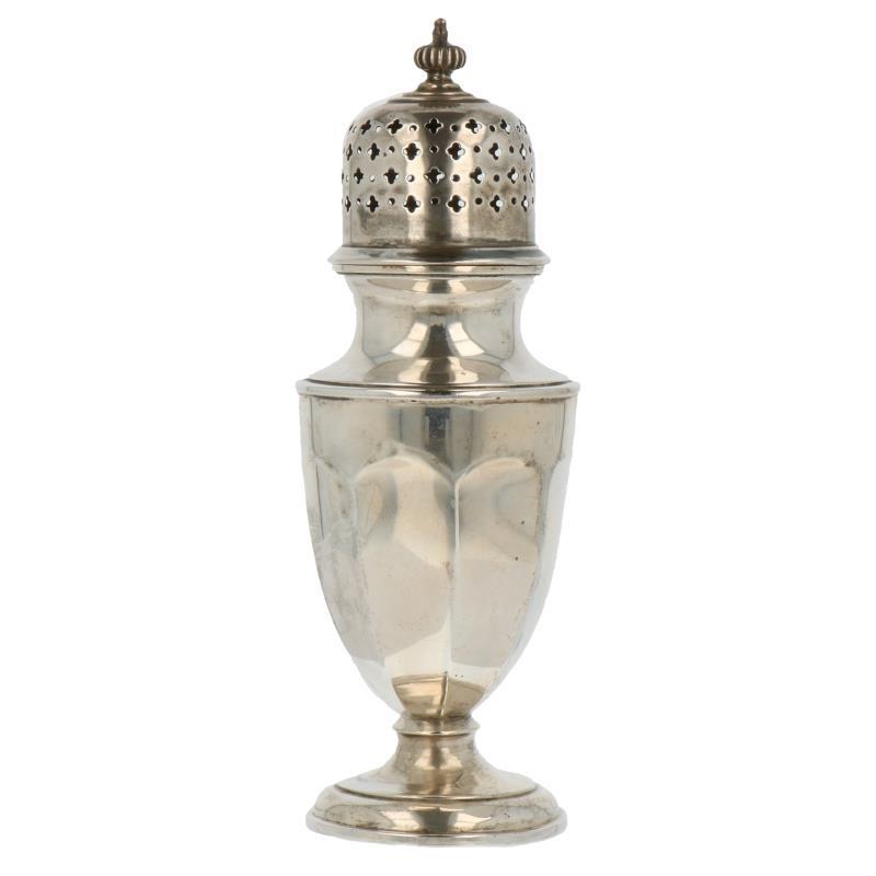 Specerijenstrooier baluster vormige met ajour opengewerkte dop zilver.