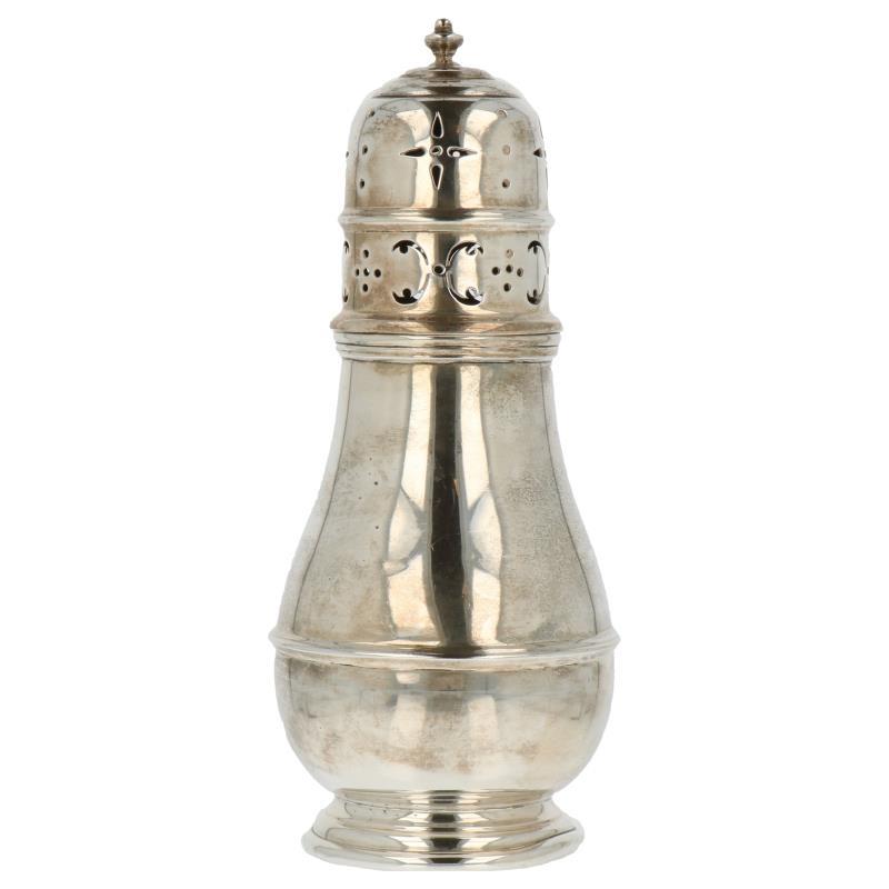 Specerijenstrooier bolle buik model met ajour opengewerkte strooidop zilver.