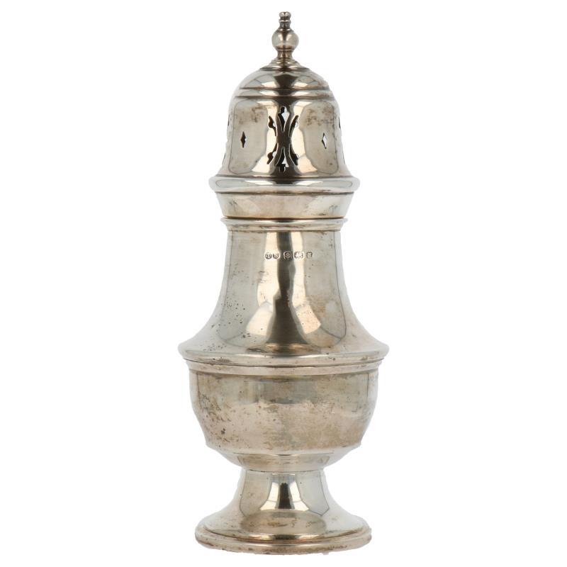Specerijenstrooier baluster vormig met bolle buik en ajour opengewerkte strooidop zilver.