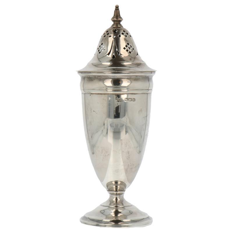 Specerijenstrooier baluster vormig op voet met ajour opengewerkte strooidop zilver.