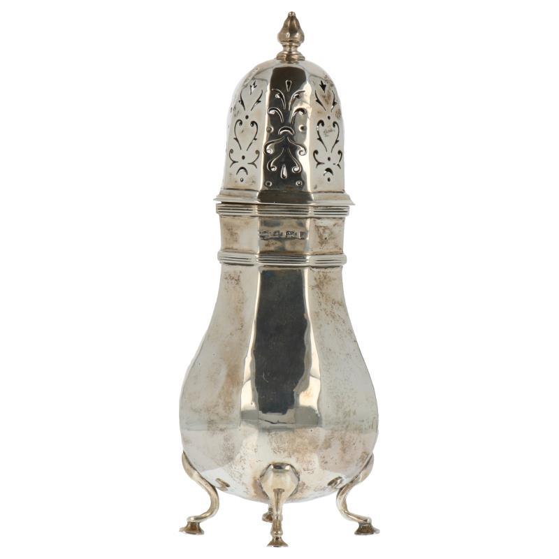 Specerijenstrooier bol vormig op 4 voetjes met rocaille ajour opengewerkte strooidop zilver.
