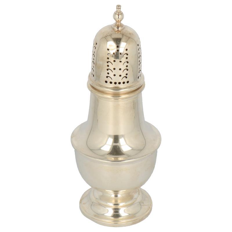 Specerijenstrooier balustervormig glad model met bolle buik en ajour opengewerkte strooidop zilver.