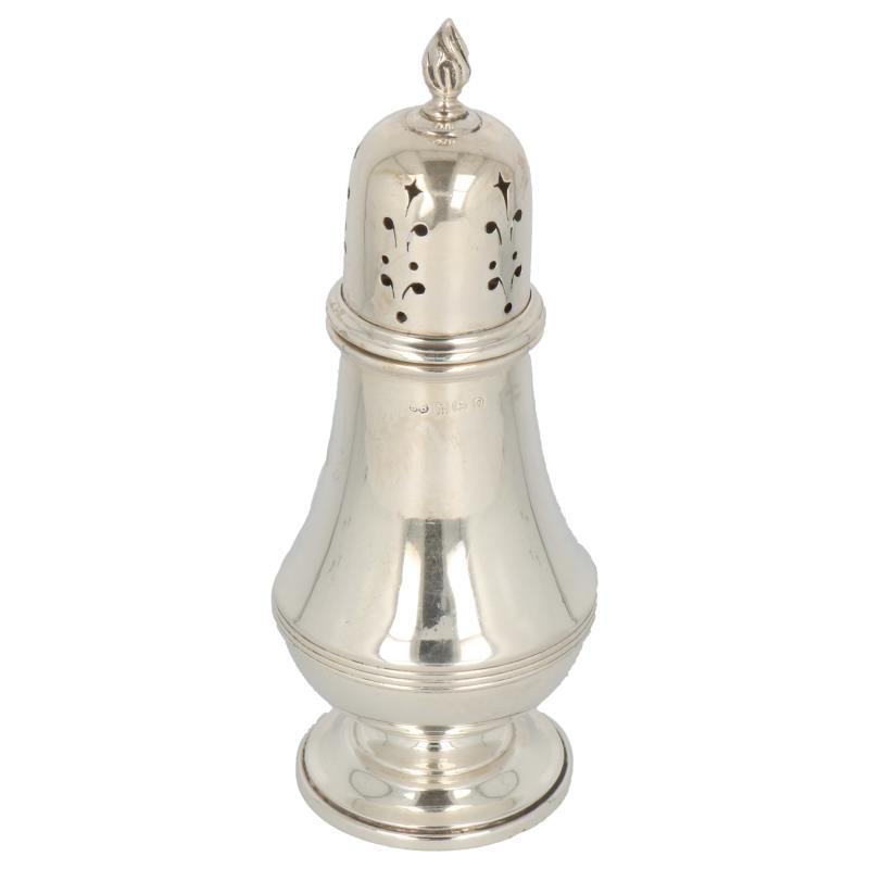 Specerijenstrooier baluster vormig model met ringversieringen ajour opengewerkte strooidop en bolle buik zilver.