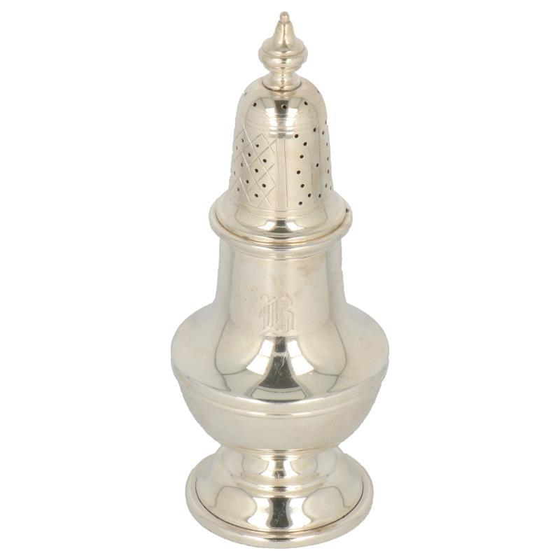 Specerijenstrooier baluster vormig met gegraveerde ruit versieringen zilver.
