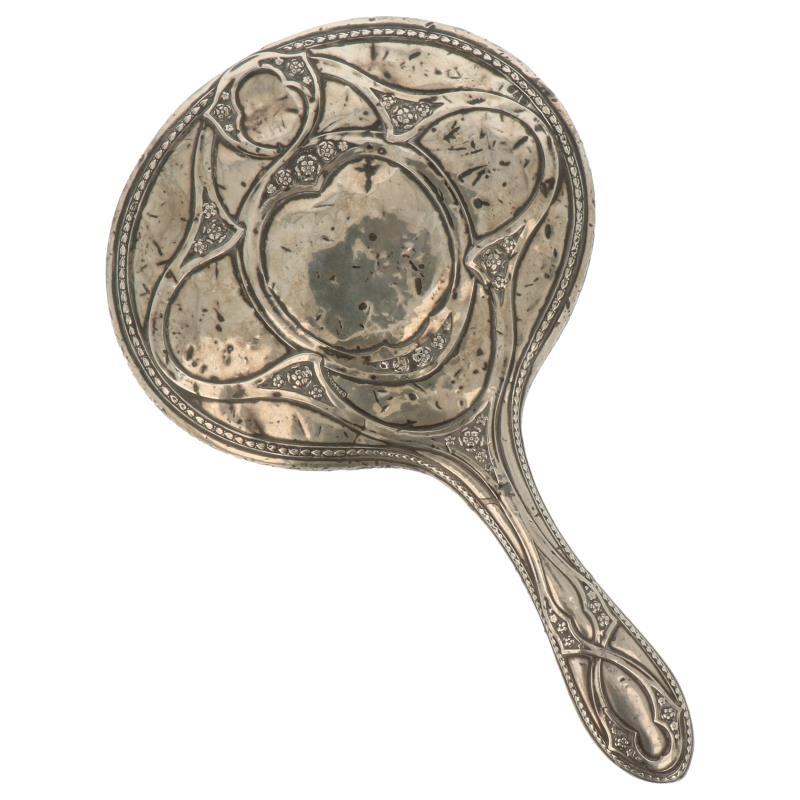 Handspiegel, prachtig geleefd exemplaar met mooie biedemeier decoraties en originele mercury spiegel zilver.