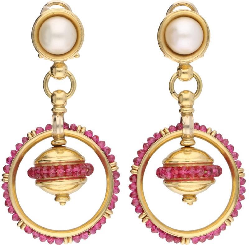 Zancan vintage oorstekers geelgoud, parel en robijn - 18 kt.