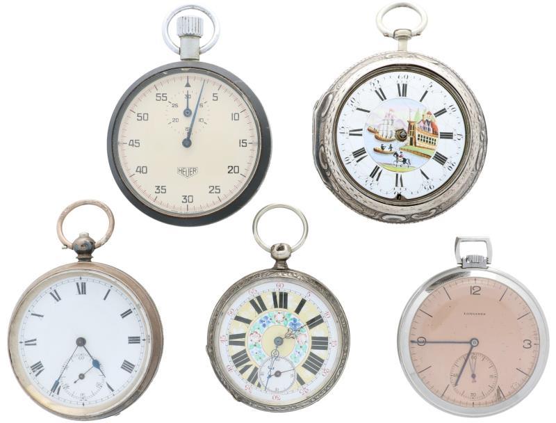 Lot (5) zakhorloges - o.a. Heuer, Longines en Snek Spillegang - Herenzakhorloges - Handopwindbaar.