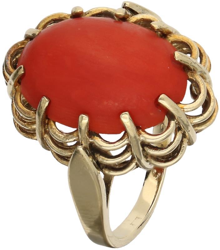 Antieke ring geelgoud, bloedkoraal - 14 kt.