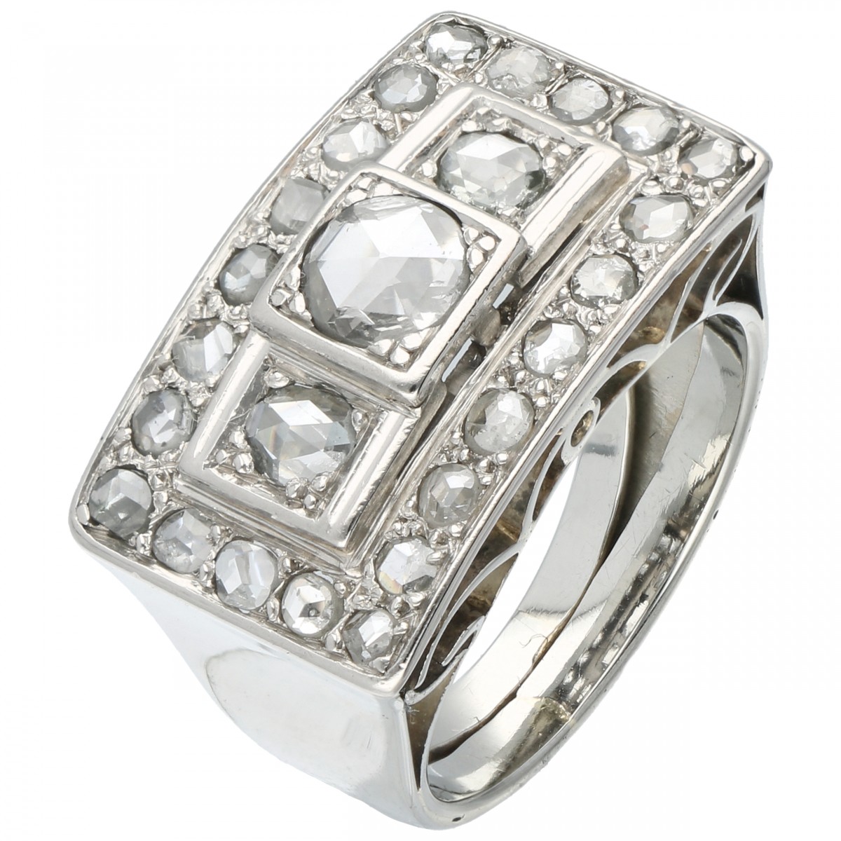 Witgouden Art Deco tank ring, met 25 roos geslepen diamanten - 18 kt.