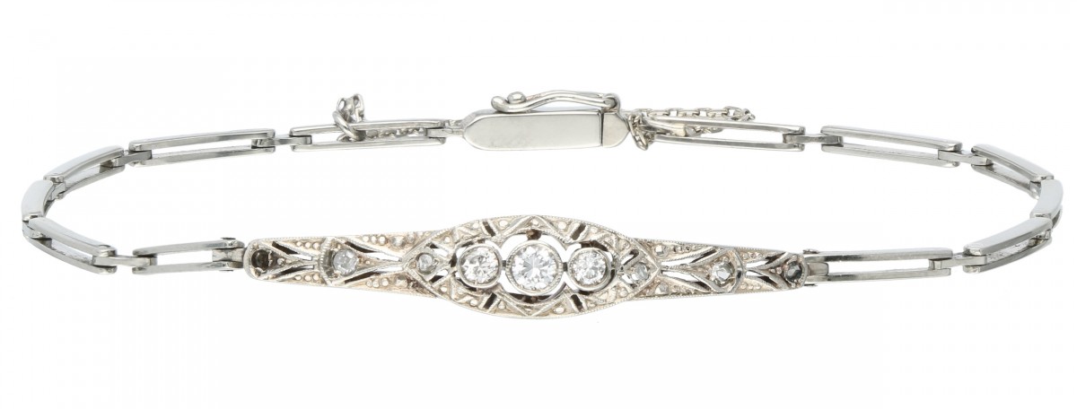 Witgouden Art Deco armband, met ca. 0.13 ct. diamant - 14 kt.