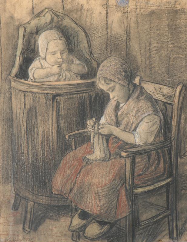 Houtskool en gekleurd krijt op papier. Toegeschreven Wally Moes (1856 - 1918).