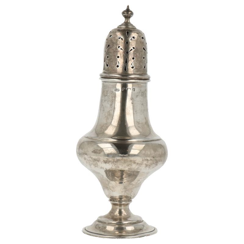 Specerijenstrooier baluster vormig met holle voet en ajour opengewerkte strooidop zilver.