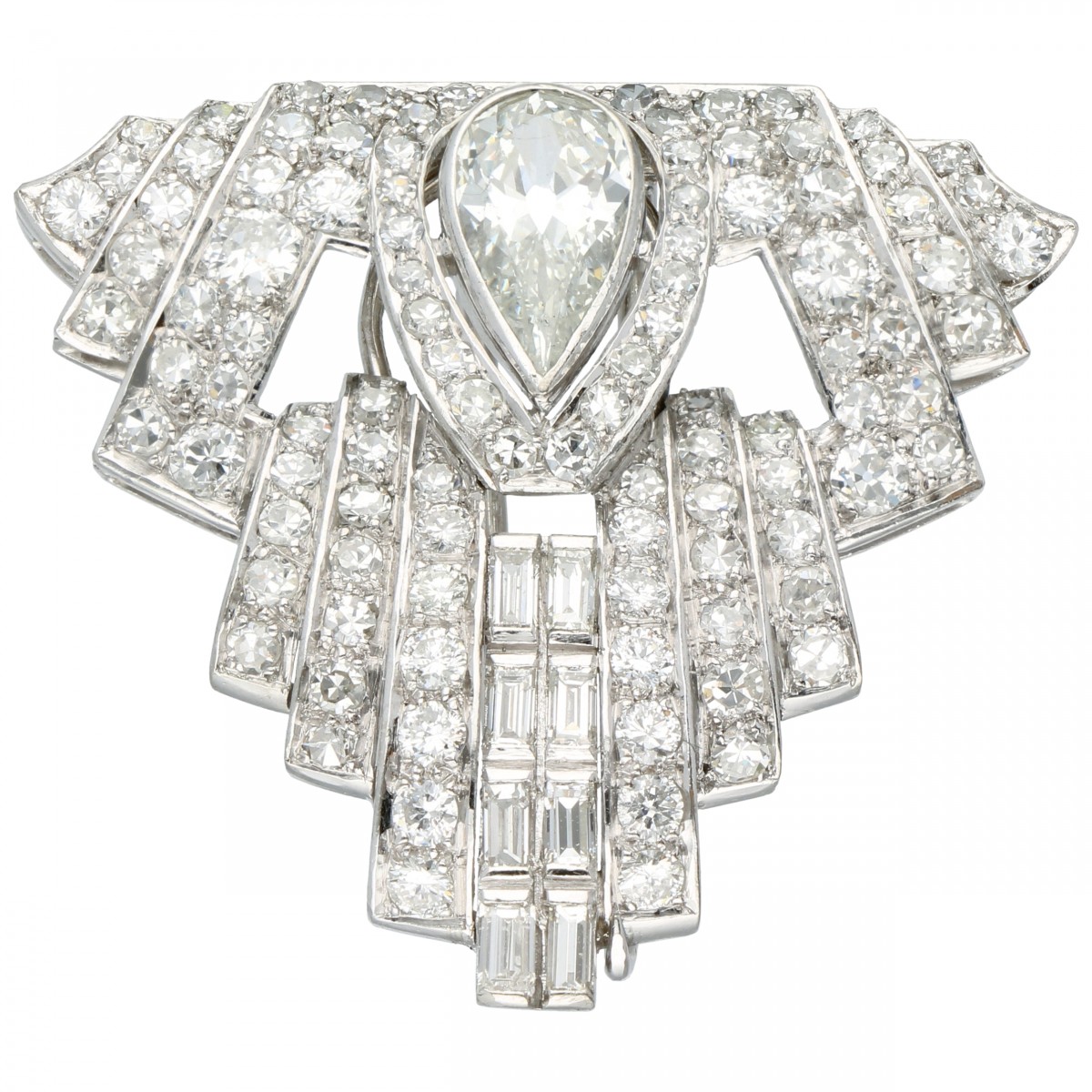 Witgouden entourage broche bezet met ca. 4.05 ct. diamant - 14 kt.