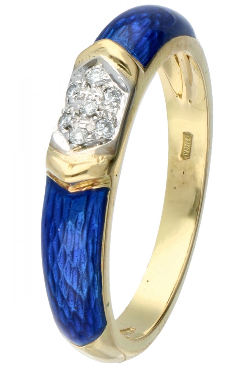 Geelgouden ring, met ca. 0.07 ct. diamant en blauwe emaille - 18 kt.