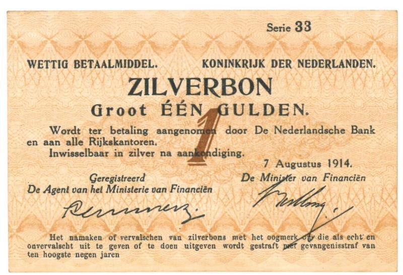 Nederland. 1 gulden. Zilverbon. Type 1914. - Prachtig.