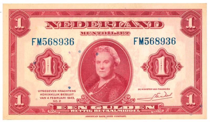 Nederland. 1 gulden. Muntbiljet. Type 1943. Wilhelmina I - Nagenoeg UNC.