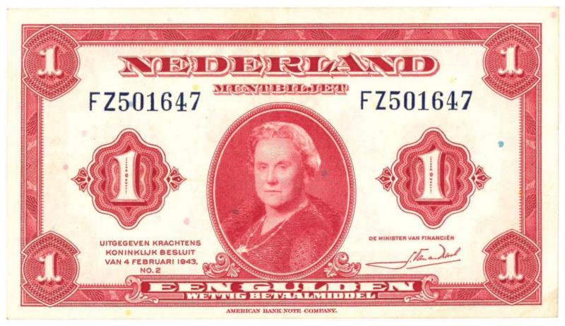 Nederland. 1 gulden. Muntbiljet. Type 1943. Wilhelmina - Zeer Fraai +.