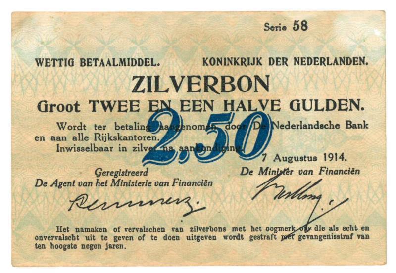 Nederland. 2½ gulden. Zilverbon. Type 1914. - Prachtig.