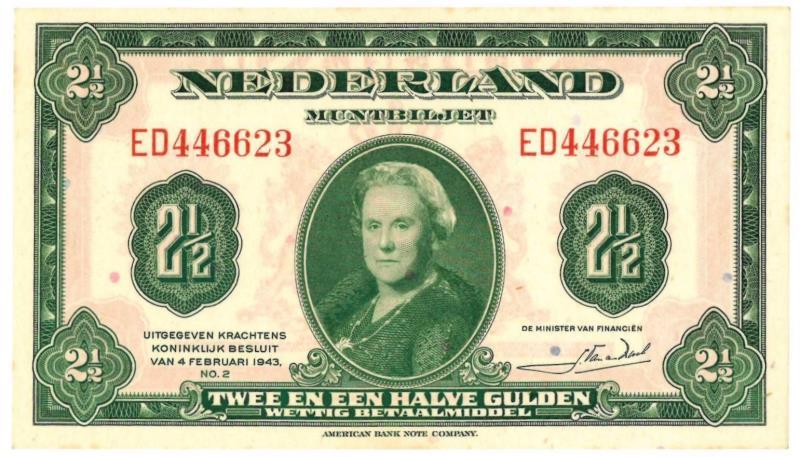 Nederland. 2½ gulden. Muntbiljet. Type 1943. Wilhelmina I - UNC.