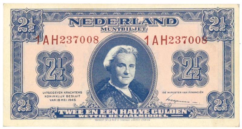 Nederland. 2½ gulden. Muntbiljet. Type 1945. Wilhelmina II - Prachtig +.