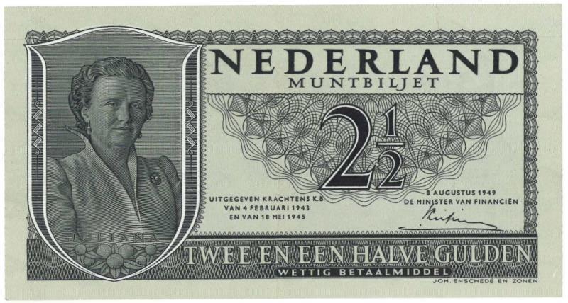 Nederland. 2½ gulden. Muntbiljet. Type 1949. Juliana - Prachtig.