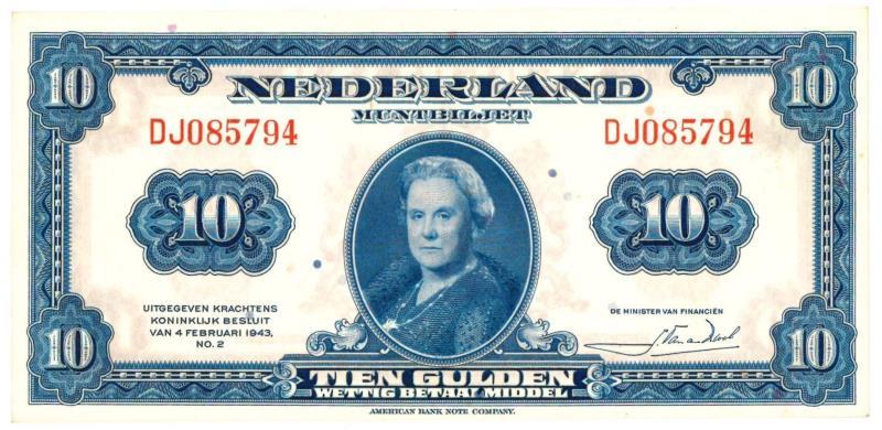 Nederland. 10 gulden. Muntbiljet. Type 1943 II. Wilhelmina - Prachtig +.