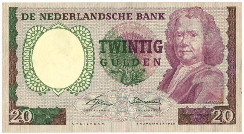 Nederland. 20 gulden. Bankbiljet. Type 1955. Boerhaave - Zeer Fraai +.