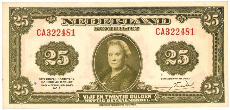 Nederland. 25 gulden. Muntbiljet. Type 1943 II. Wilhelmina - Prachtig.