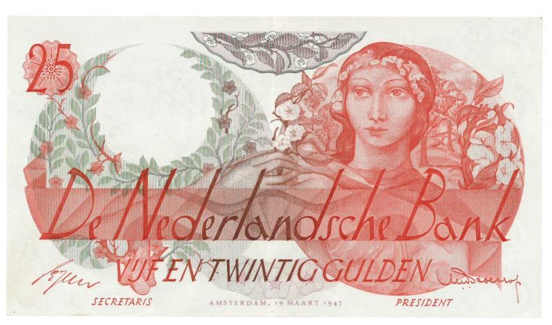 Nederland. 25 gulden. Bankbiljet. Type 1947. Flora - Prachtig.