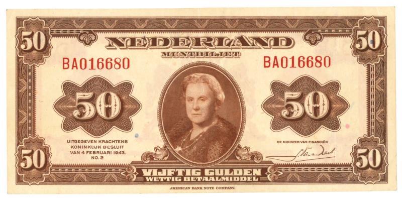 Nederland. 50 gulden. Muntbiljet. Type 1943. Wilhelmina - Zeer Fraai / Prachtig.