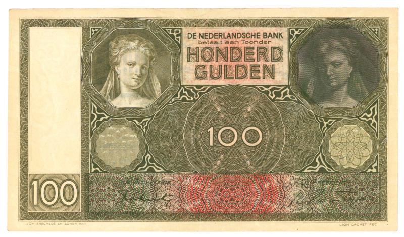 Nederland. 100 gulden. Bankbiljet. Type 1930. Luitspelende vrouw - Zeer Fraai +.