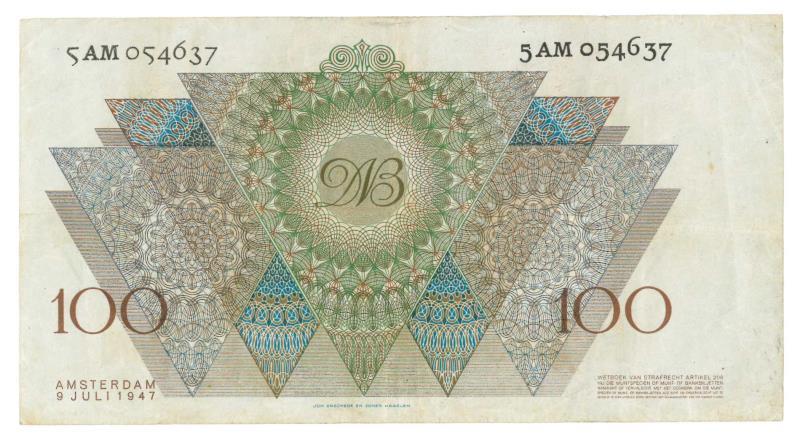 Nederland. 100 gulden. Bankbiljet. Type 1947. Adriaantje Hollaer - Zeer Fraai +.