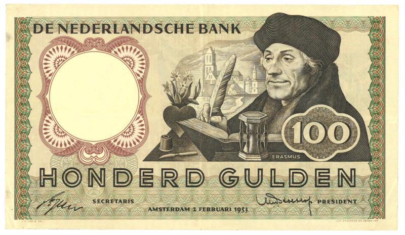 Nederland. 100 gulden. Bankbiljet. Type 1953. Erasmus - Zeer Fraai +.