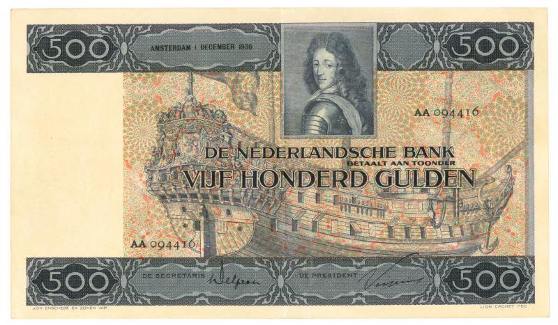 Nederland. 500 gulden. Bankbiljet. Type 1930. Stadhouder Willem III - Zeer Fraai +.