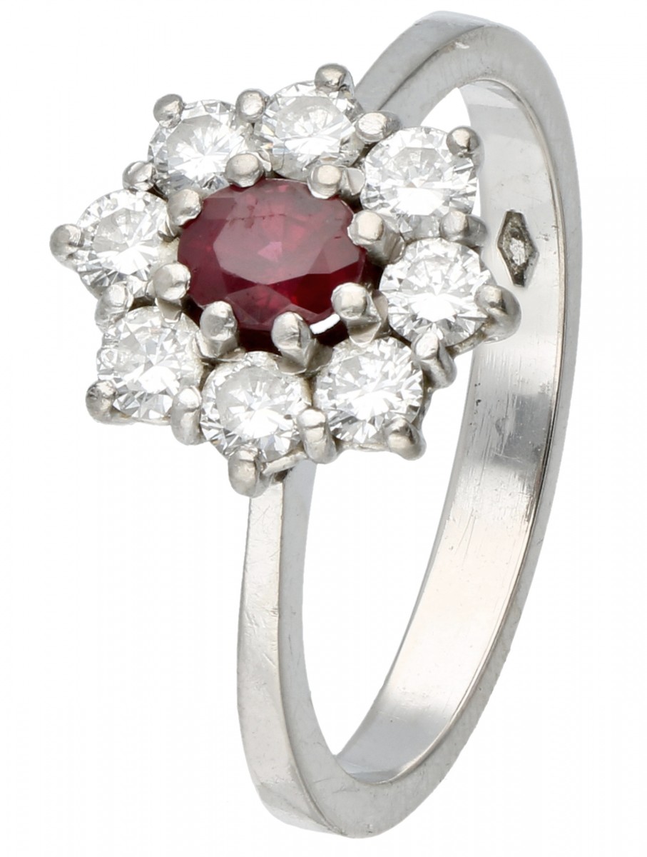 Witgouden rozet ring, met ca. 0.48 ct. diamant en synthetische robijn - 18 kt.