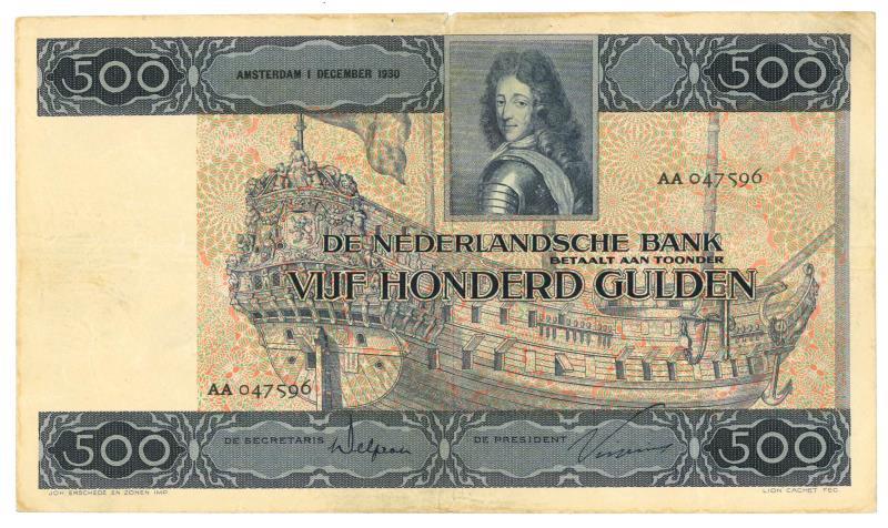 Nederland. 500 gulden. Bankbiljet. Type 1930. Stadhouder Willem III - Zeer Fraai.