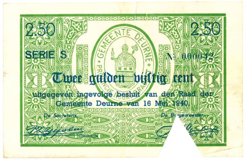 Nederland. 2½ gulden. Noodgeld. Type 1940. Deurne - Zeer Fraai +.