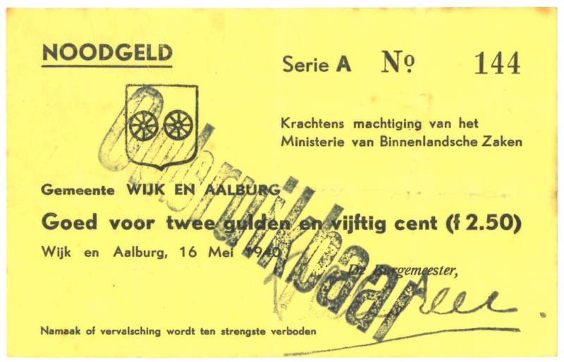 Nederland. 2½ gulden. Noodgeld. Type 1940. Wijk en Aalburg - Zeer Fraai +.