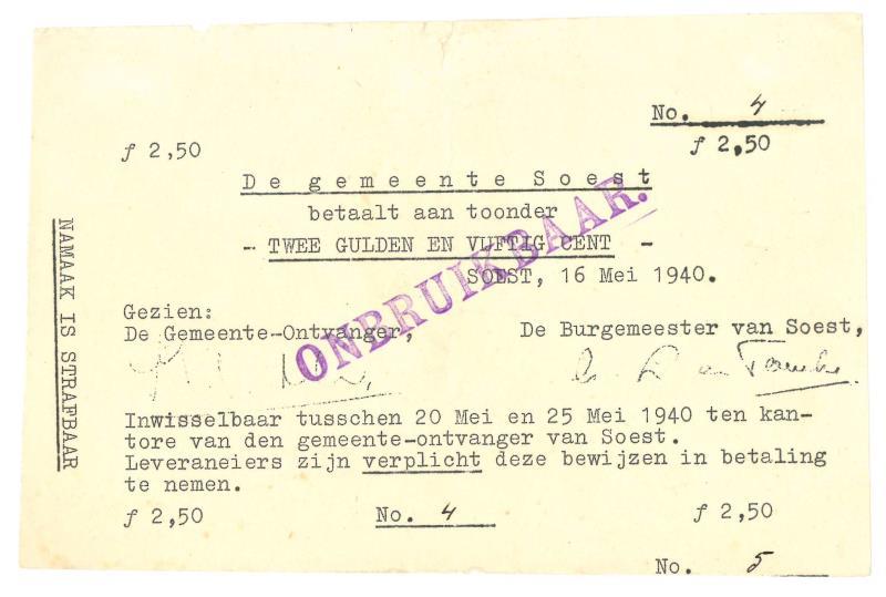 Nederland. 2½ gulden. Noodgeld. Type 1940. Soest - Fraai +.