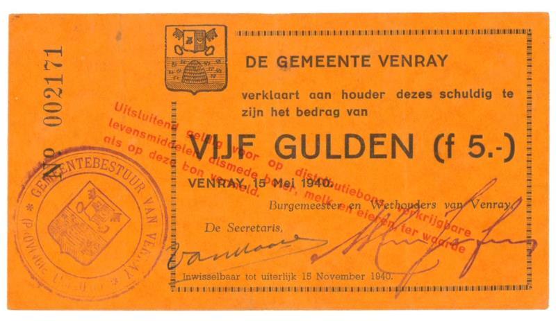 Nederland. 5 gulden. Noodgeld. Type 1940. Venray Limburg - Zeer Fraai +.