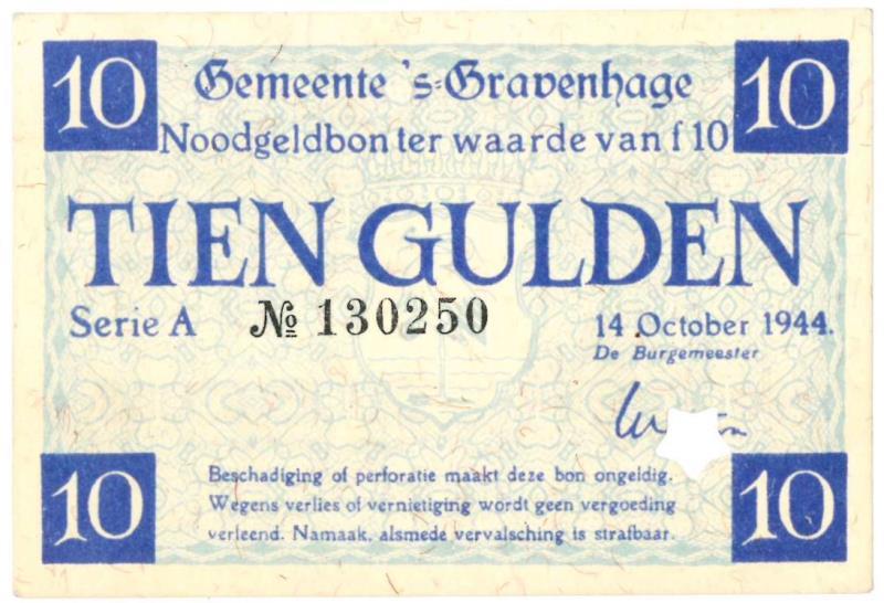 Nederland. 10 gulden. Noodgeld. Type 1940. s'Gravenhage - Zeer Fraai.