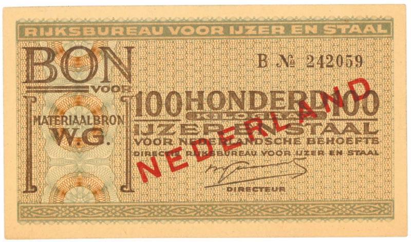 Nederland. 100 kilogram ijzer en staal. Waardebon. Type 1941. - UNC.