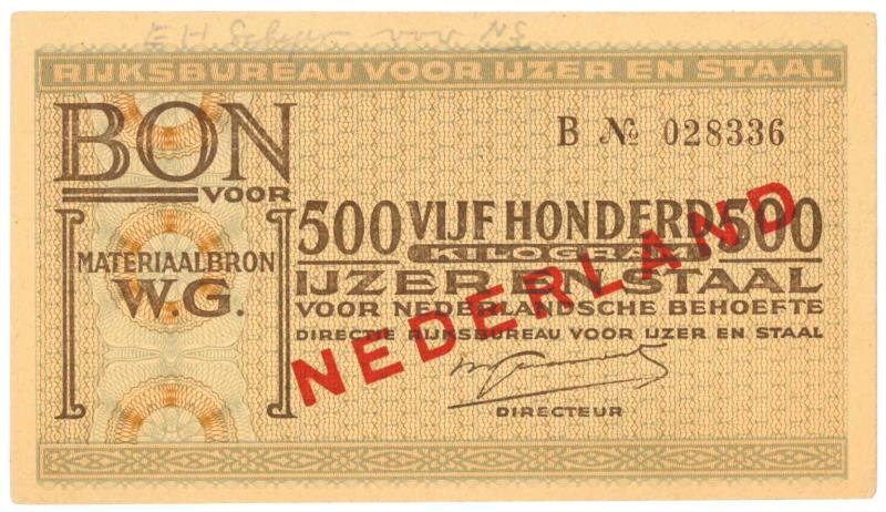 Nederland. 500 kilogram ijzer en staal. Waardebon. Type 1941. - UNC.